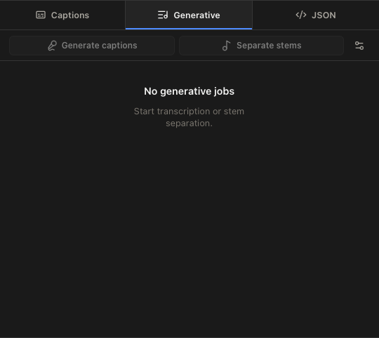 Aidio generative tab showing AI caption generation controls.